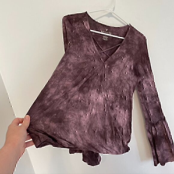 AMERICAN EAGLE Soft Sexy T Tie Dye Faux Wrap Top Purple Surplice Long Sleeve S - Picture 8 of 12